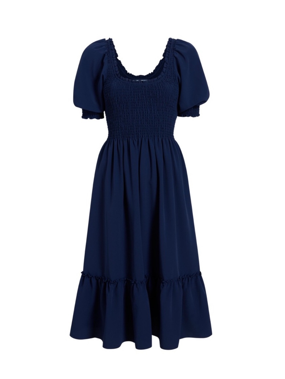 Navy Midi Dress with Smocked Bodice and Puff Sleeves